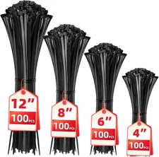 400 Pack Black Assorted Cable Zip Ties 12 8 6 4 Inch Nylon Self Locking Mix Sets