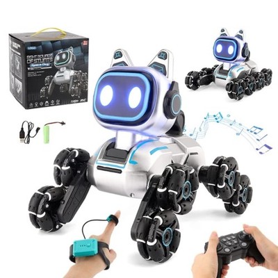 RC Robot Dog 8-Wheel Omni Rechargeable, 2.4G Gesture Watch + Remote, LED Music