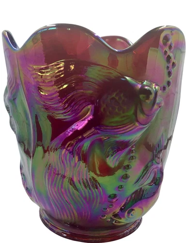 Fenton Vase  Iridescent Red Carnival Glass Atlantis Koi Fish Embossed 6.5"H x 5.