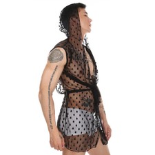 Men Gown Sleeveless Lace Hooded Bath Robe See Through Mesh Ultra-thin Sleepwear
