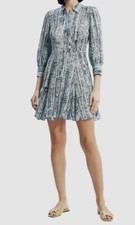 $545 Theory Women's Blue Silk Collared 3/4 Sleeve Mini Shirt Dress Size 10