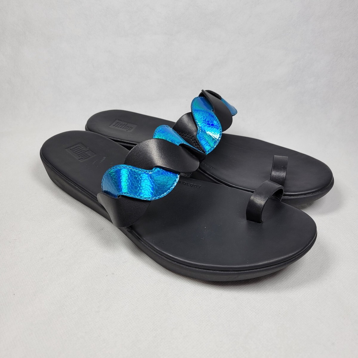 FitFlop Womens Reagan Rope Slide Sandal Shoes, Black/Sea Blue US 8 