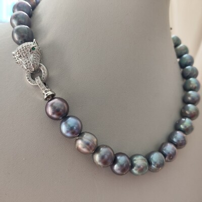 18 'Baroque AAAA+12-13mm Natural Tahitian black pearl necklace  925s