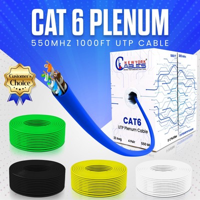 Cat6 Plenum Cable 1000ft Bulk Ethernet Cable CMP 550Mhz 23AWG Network MultiColor