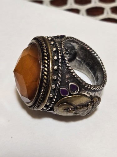 Vtg Hobo Lucky Brand Gold Silver Tone Buddha Ring Sz7 Amber Stone Starburst - Picture 13 of 18