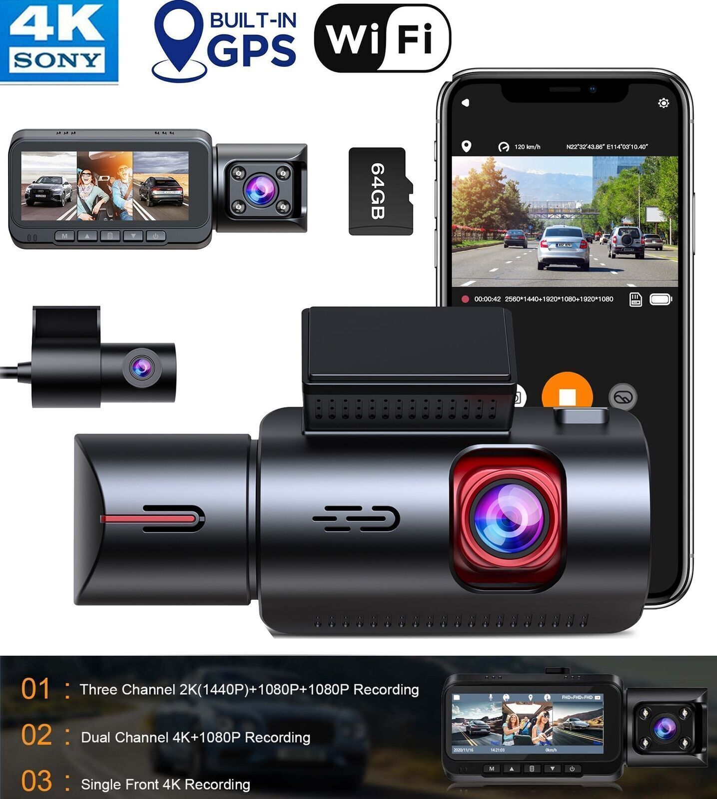 TOGUARD 3-Kanal WLAN GPS 4K Dashcam Mit Dual lens 1080P Auto Kamera Nachtsicht