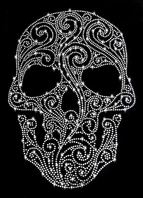 XL PEDRERÍA CALAVERA CRÁNEO CRÁNEO IMAGEN PARA PLANCHAR APLICACIÓN HOTFIX PLATA blanco