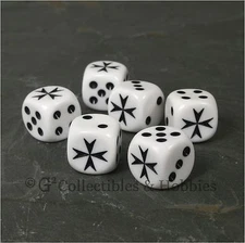 NEW 6 White Maltese Cross D6 Game Dice Set Hospitaller RPG Six Sided 16mm