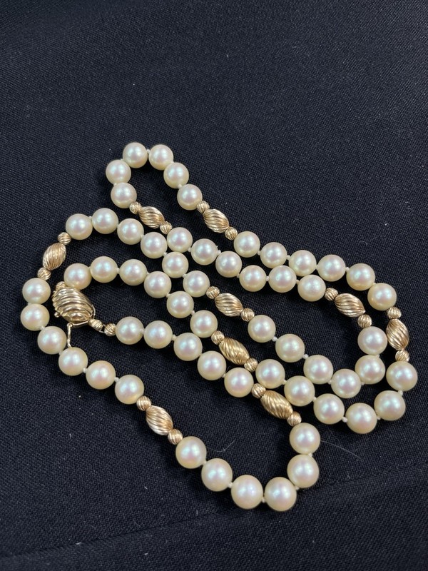 14k Gold Vintage 27'' Faux Pearl Necklace with gold spacers 