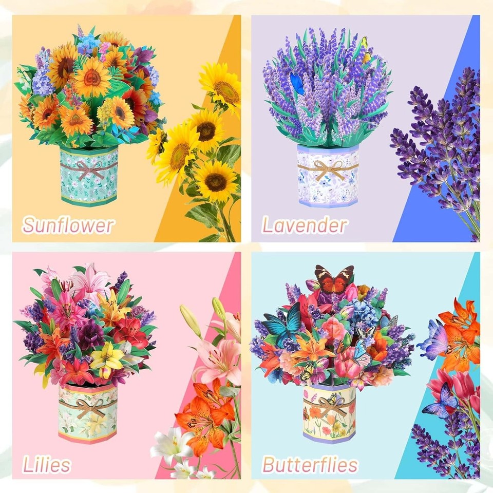 4Pack Paper Flower Pop Up Cards, Flower Bouquet Card Popup 3D Greeting ...