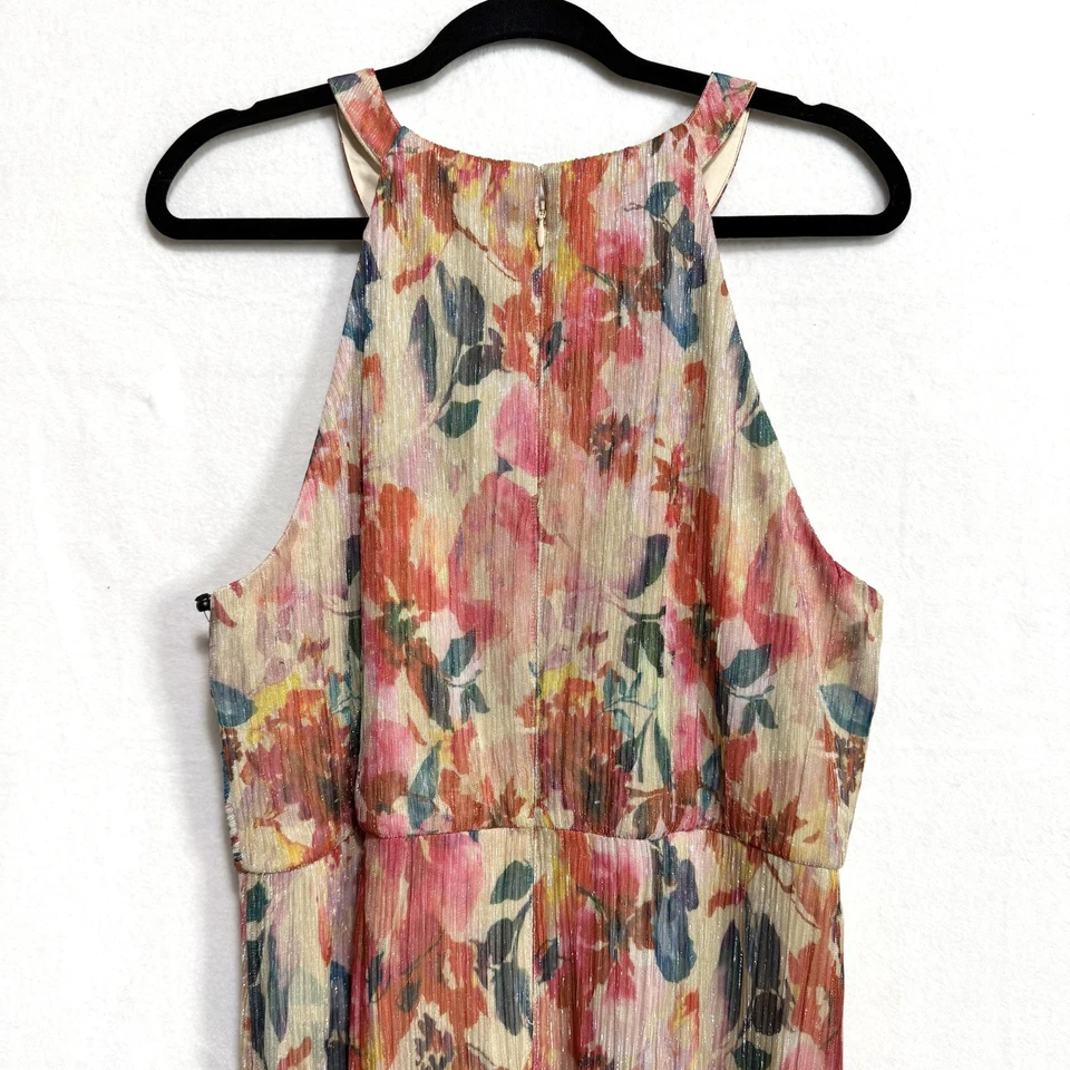 ADRIANNA PAPELL 16 金属提花打褶吊带礼服花卉晚礼服全新带标签 — 第 3/4 张图片