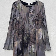 Heine Mesh Lagenlook Dress Womens Large 16 42” Green Brown Artsy Layered Boho