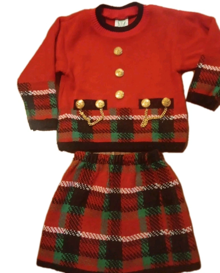 Vintage Girls 4T Sweater Knit Plaid Skirt Christmas Red Green Preppy Bull Frog - Image 3 of 4