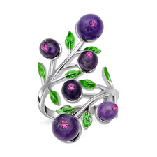 African Amethyst and Purple Crystal Leafy Vine Ring in Silvertone Sz 6-9 Adj.