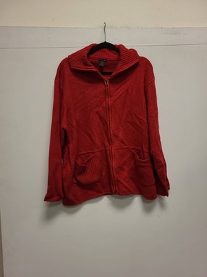 Tally-Ho Women's 1X Plus Red Ribbed Knit Full Zip Sweater Cardigan Jacket Pocket