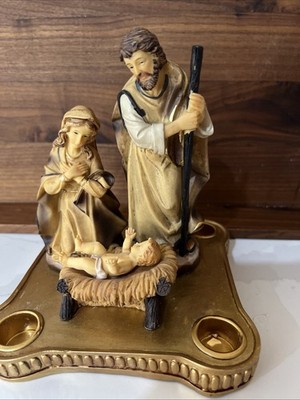 Holy Family Nativity Scene with 3 Figures and Candle Holders Gold Tone Base