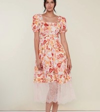 Puff Sleeve Floral Lace Trim Midi Dress