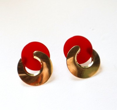Vintage Peter Brams Designs Modernist Earrings 14k Yellow Gold Burnt Orange Disc