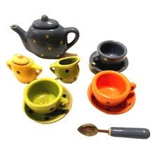 Miniature Polka Dot Tea Set Creamer Sugar Teapot Cups Saucers 12 Pcs
