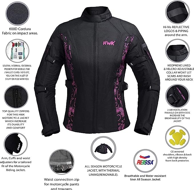 HWK Women's Adventure Motorcycle Jacket with CE Armor, 3X-Large - Black/Pink-