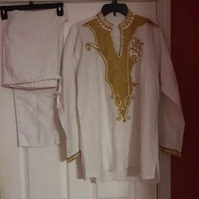 Men’s African Dashiki Shirt & Pants White With Gold Trim Size Large