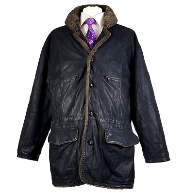 Seraphin Sz L Heavy Leather w/ Shearling Collar Overcoat Jacket Black (HERMES)