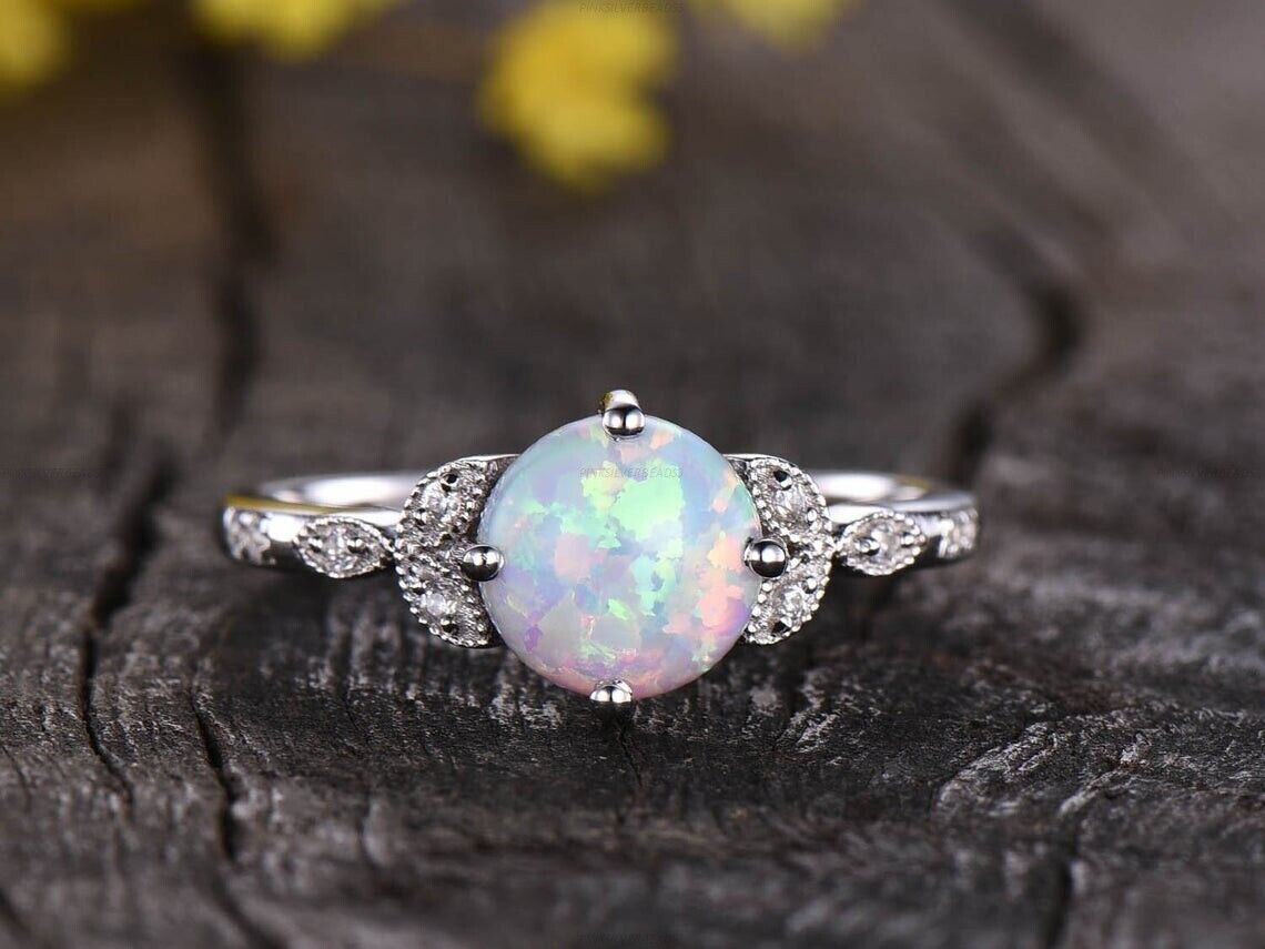 14k Rose Gold Opalite Diamond Gemstone Wedding Band for Birthdays-image