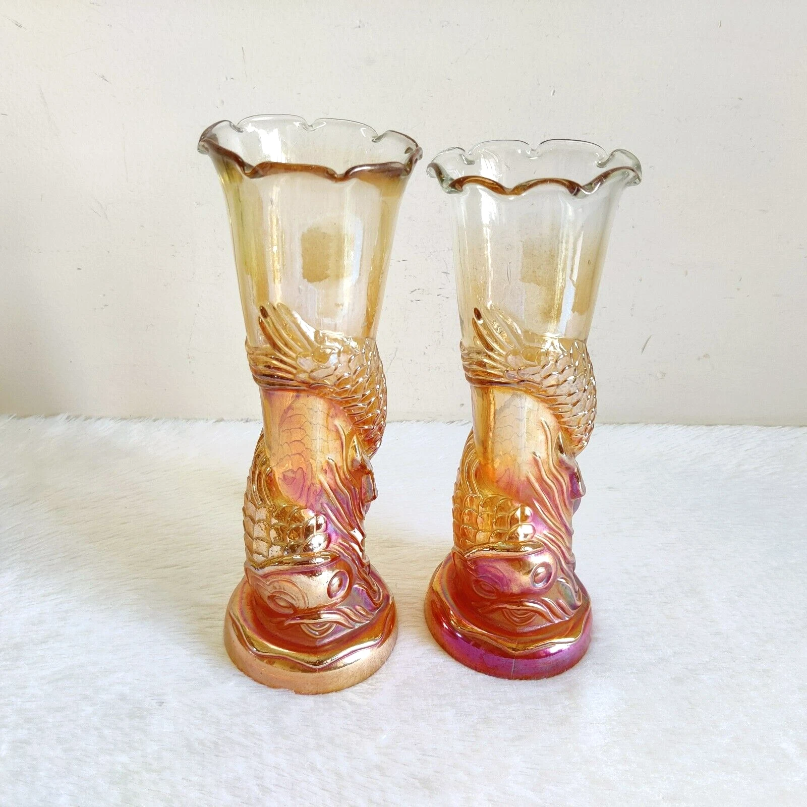 Vaso Di Fiori Vintage Anni 30 In Vetro Carnival Design Pesce Marigold 2 Pz GV124