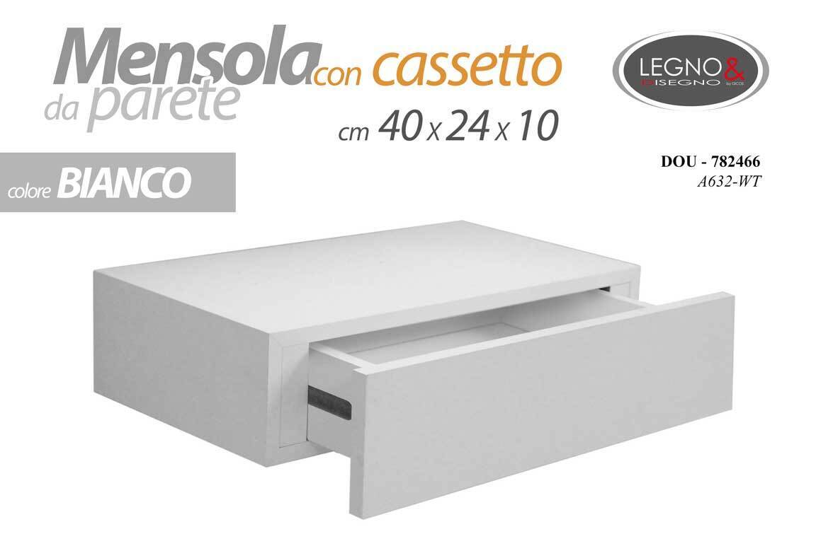 MENSOLA CON CASSETTO DA PARETE PENSILE LEGNO MODERNO CLASSICA BIANCO  40*24*10 CM