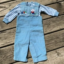 Vintage Corduroy Romper Baby Boy Tags Attached Embroidered Applique Bear Bike