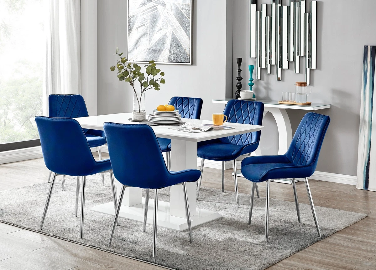 IMPERIA White High Gloss Pillar Dining Table and 6 Velvet Faux Leather Chairs