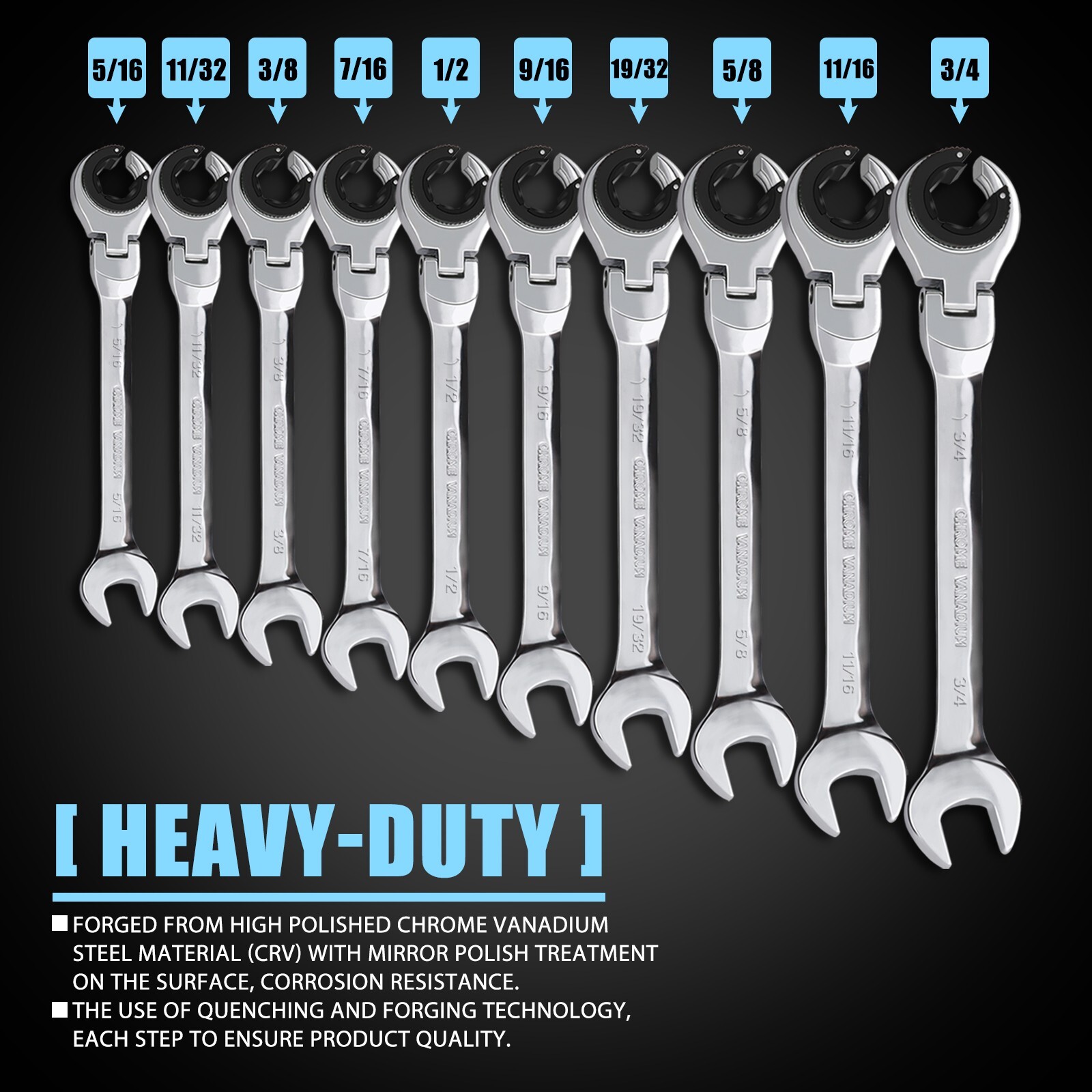 SAE Flex-Head Ratcheting Wrench Combination Wrench Adjustable angle Set 10 Pcs