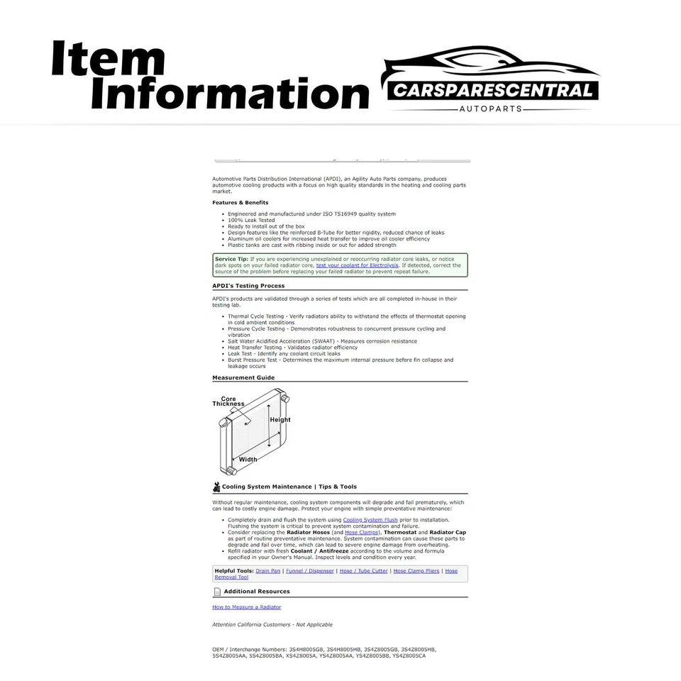 Radiador APDI para Ford Focus 2000-2007 2,0 L 2003-2007 Ford Focus 2,3 L Foto 3 de 4