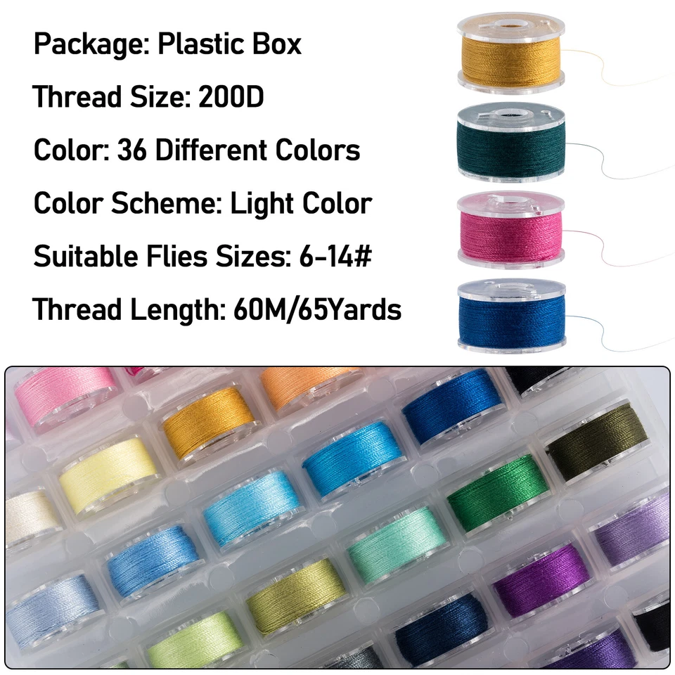 Fly Tying Thread 200D Nylon Wire Materials Kits 36 Colors Flies Lure Crappie Jig Foto 3 de 4