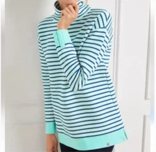 T by Talbots Textured Striped Funnel Neck Mint Green Navy Pullover Athleisure L