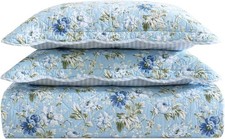 Laura Ashley Peony Garden Blue Floral Cotton Full/Queen Quilt Set 3pc