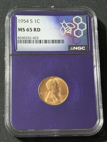 1954-S Lincoln Wheat Penny Cent NGC MS 65 RD Trader Bea Purple Core