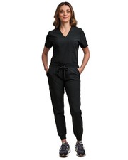 Scrubs Women Set Jogger Pant V-Neck Top 5 Pockets Nursing Black Medium