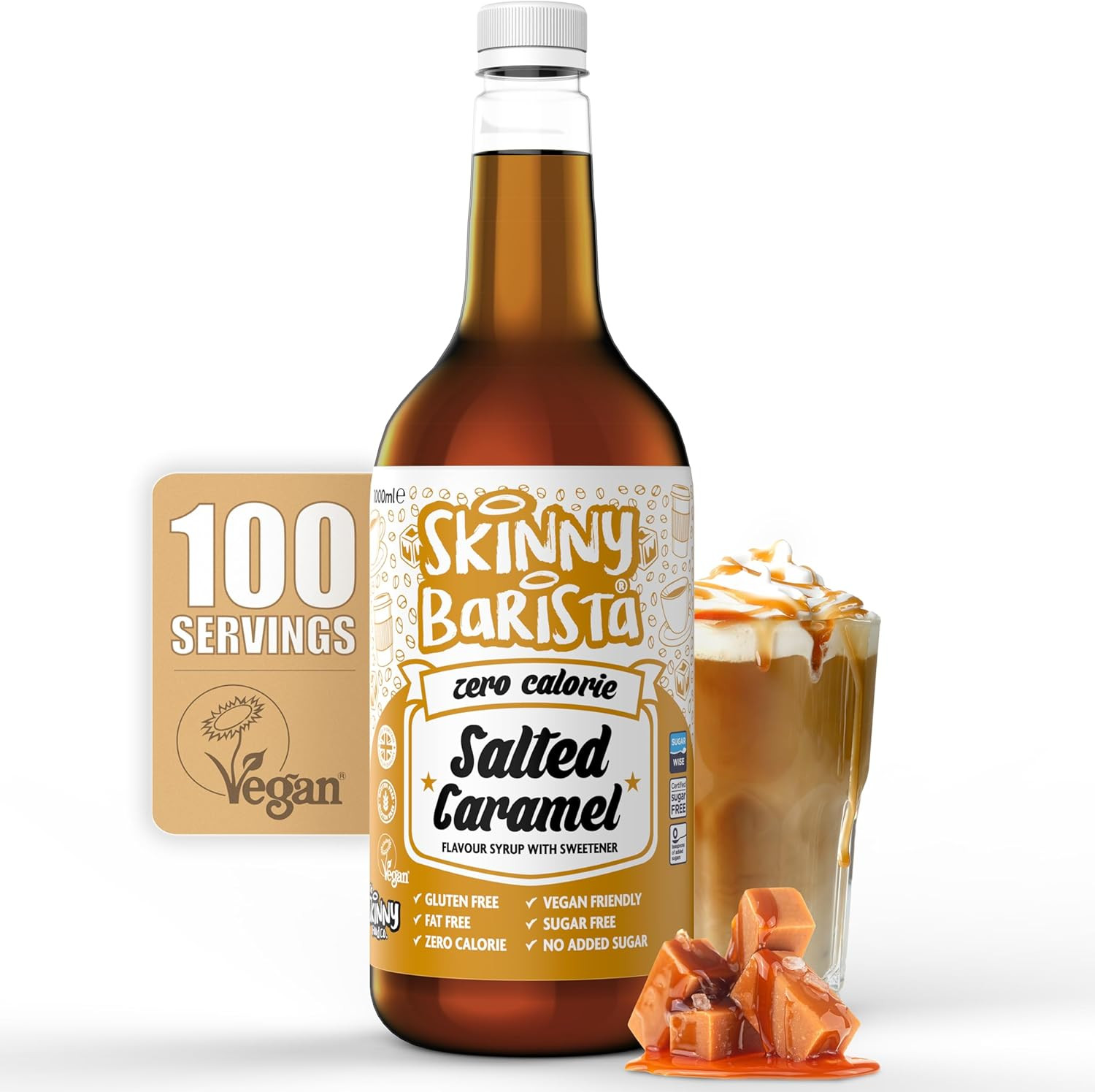 Skinny Food Co Salted Caramel Syrup Zero Calorie 1L - Sugar Free Coffee Syrups f