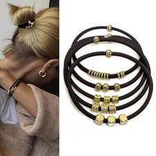 Black Boho Hair Ties Bracelets for Women, Cute Elastic Pony Tails Hair Black-06