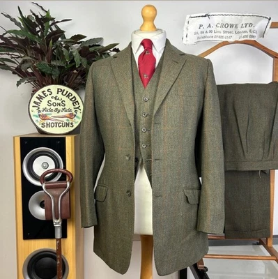 P.A. Crowe Bespoke (38R) Handmade Tweed Savile Row 3 Piece Suit Wool Windowpane - Image 1 of 4