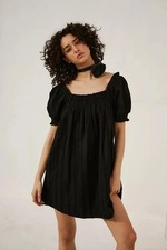 Free People Est Mila Mini Dress Smocked Puff Sleeve Shift Black XS 285477