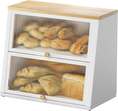 Urackify Zweilagiger Küchenbrotkasten Weiß Große Aufbewahrungsbox mit Holzgriff