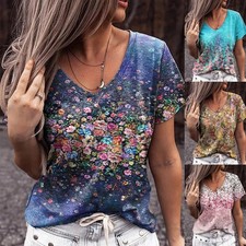 Womens Floral V-Neck T-shirts Tunic Top Ladies Short Sleeve Blouse Tee Size 8-26