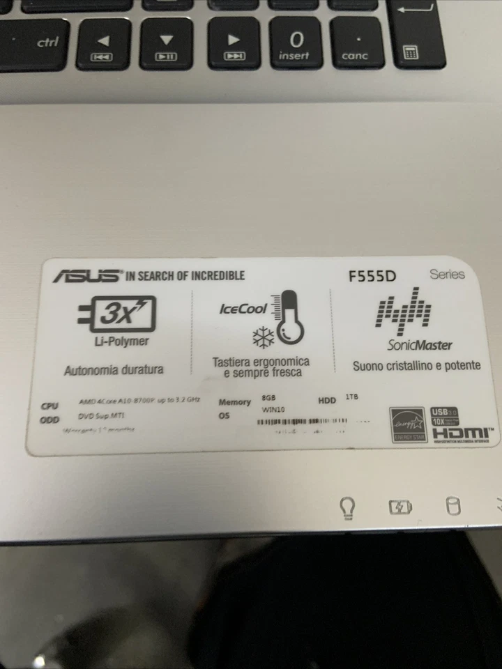 ASUS F555D 15,6” A10 8700P 4GB DA COMPLETARE O RECUPERO - Immagine 3 di 4