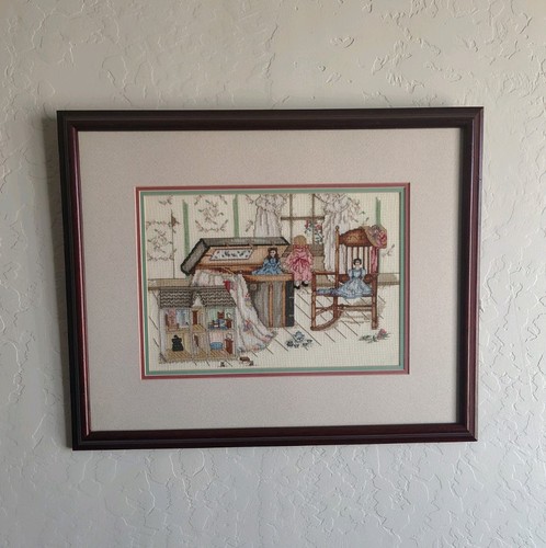 Handmade Framed and Matted Cross-Stitch "A Little Girl's Fancy" Paula Vaughan 