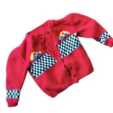 Vtg 90s Handmade Knitted Sweater Kids Race Car Yarn Buttons Cardigan 2T