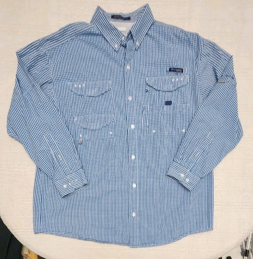 Columbia PFG Super Bonehead Fishing Top XL Blue Gingham Gorpcore Patriotic