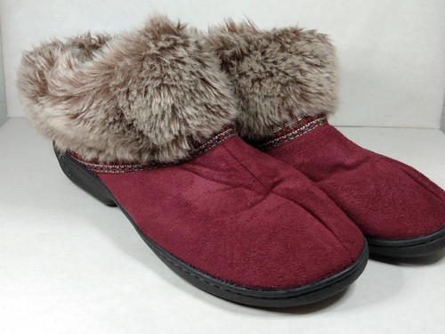 9 Ankle Bootie Slippers Maroon Faux Fur 