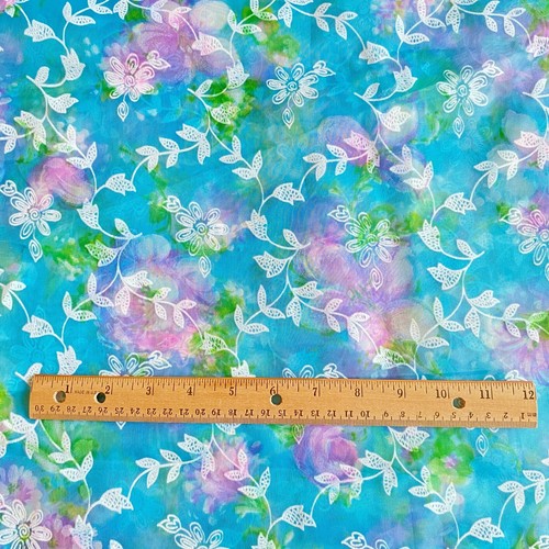 2 YD Vintage Sheer Flocked Floral Fabric Blue - Picture 5 of 7